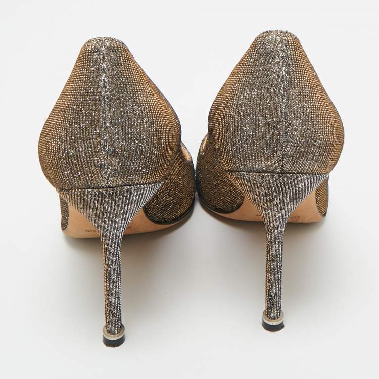 Pre Owned Manolo Blahnik Gold Metallic Lurex Fabric Hangisi Pumps Size 38.5
