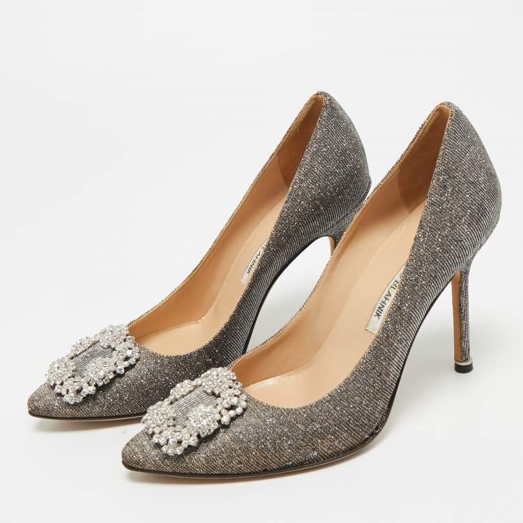 Pre Owned Manolo Blahnik Gold Metallic Lurex Fabric Hangisi Pumps Size 38.5