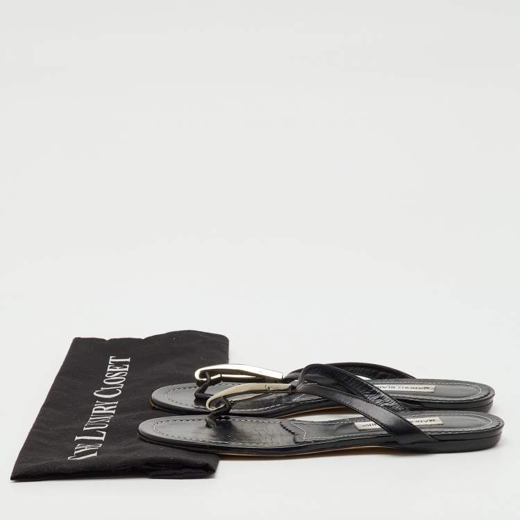 Pre Owned Manolo Blahnik Black Leather Flat Thong Sandals Size 40