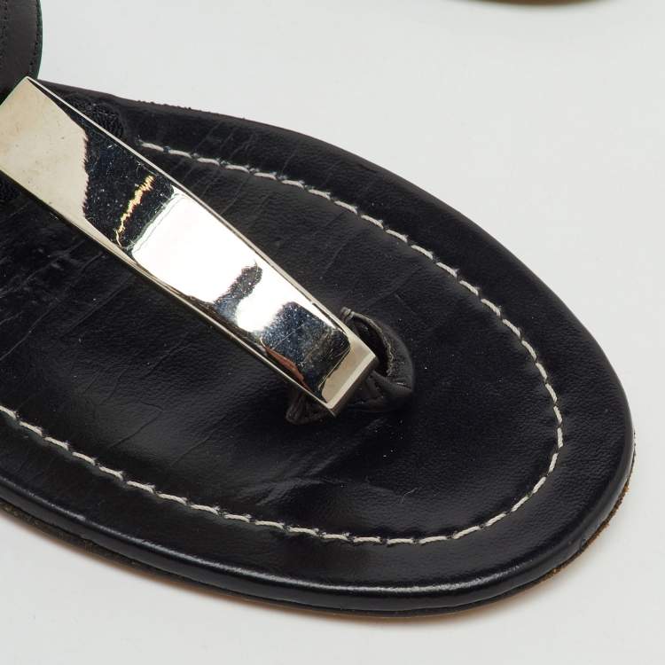 Pre Owned Manolo Blahnik Black Leather Flat Thong Sandals Size 40