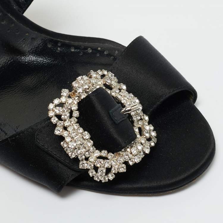 Pre Owned Manolo Blahnik Black Satin Crystal Embellished Slide Sandals Size 40