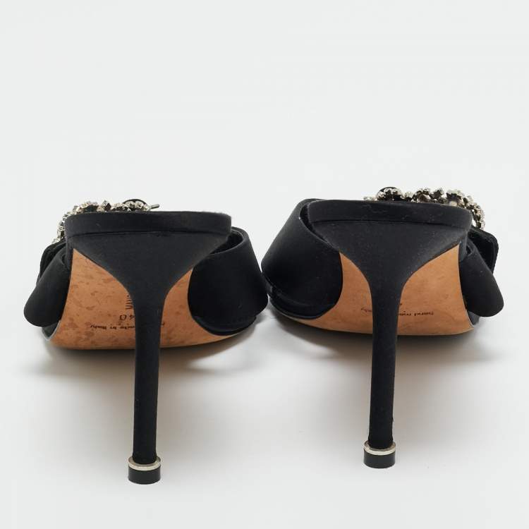 Pre Owned Manolo Blahnik Black Satin Crystal Embellished Slide Sandals Size 40