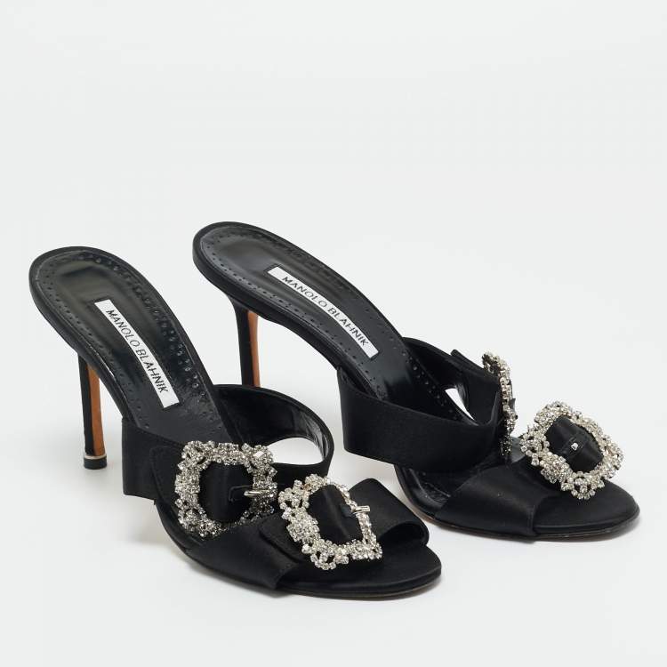 Pre Owned Manolo Blahnik Black Satin Crystal Embellished Slide Sandals Size 40
