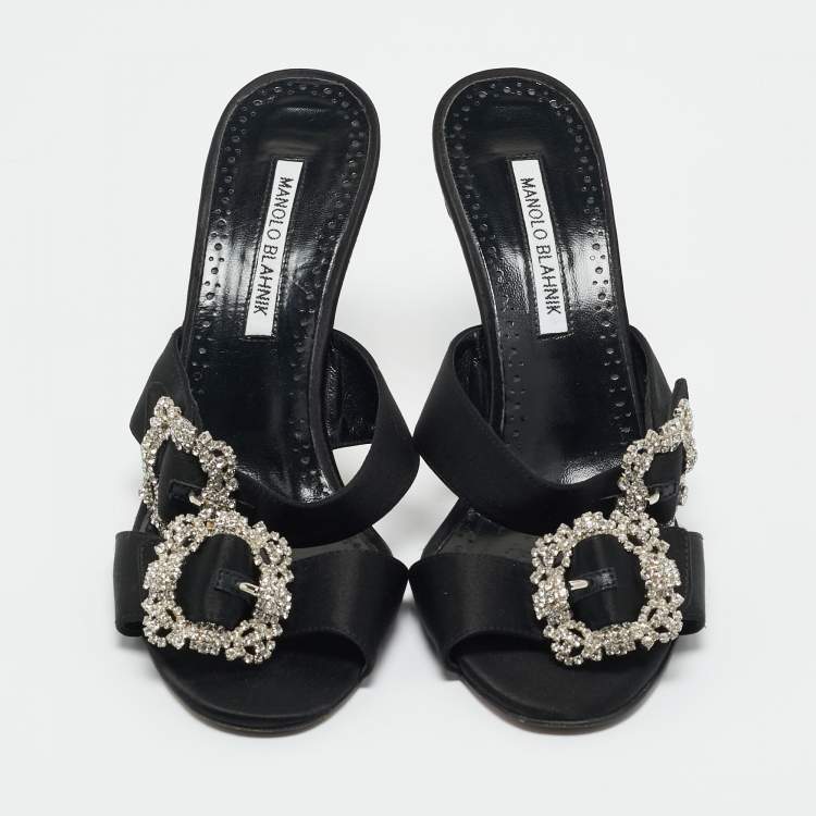Pre Owned Manolo Blahnik Black Satin Crystal Embellished Slide Sandals Size 40