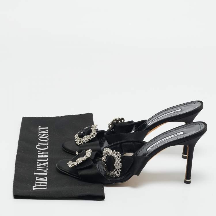 Pre Owned Manolo Blahnik Black Satin Crystal Embellished Slide Sandals Size 40