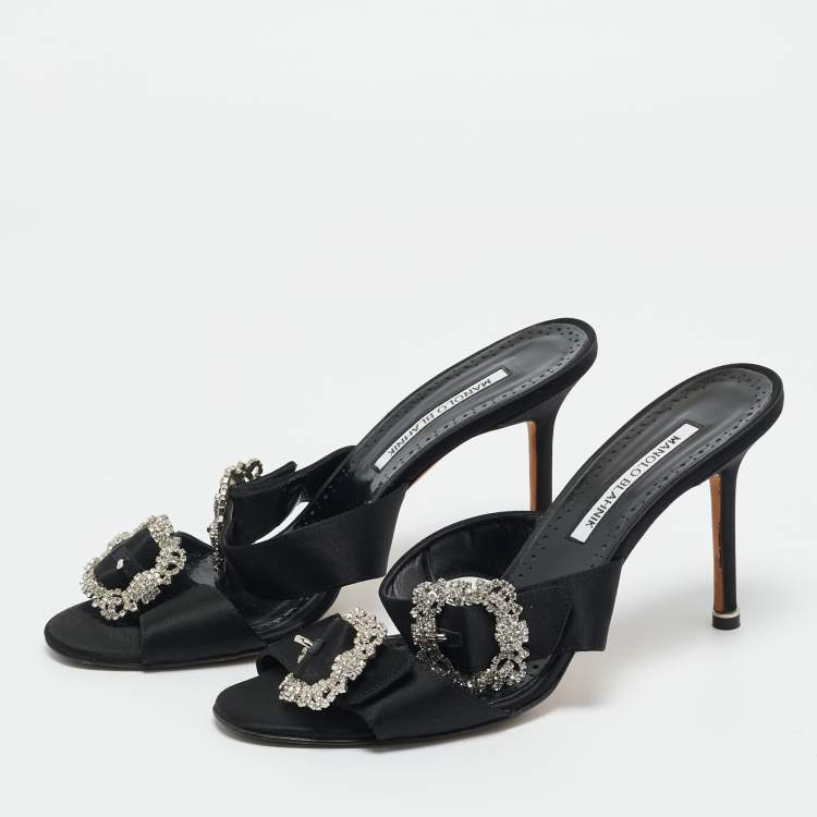 Pre Owned Manolo Blahnik Black Satin Crystal Embellished Slide Sandals Size 40
