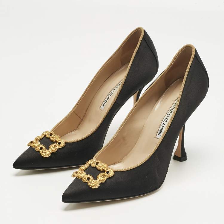 Pre Owned Manolo Blahnik Black Satin Hangisi Crystal Embellished Pumps Size 38