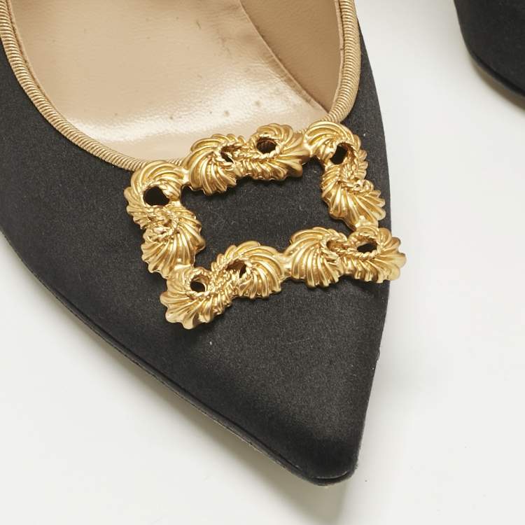 Pre Owned Manolo Blahnik Black Satin Hangisi Crystal Embellished Pumps Size 38