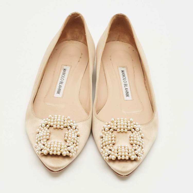 Pre Owned Manolo Blahnik Beige Satin Hangisi Ballet Flats Size 36