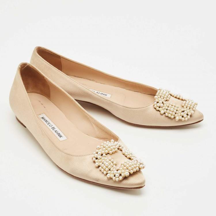 Pre Owned Manolo Blahnik Beige Satin Hangisi Ballet Flats Size 36