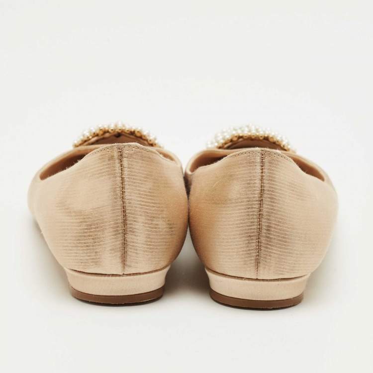 Pre Owned Manolo Blahnik Beige Satin Hangisi Ballet Flats Size 36