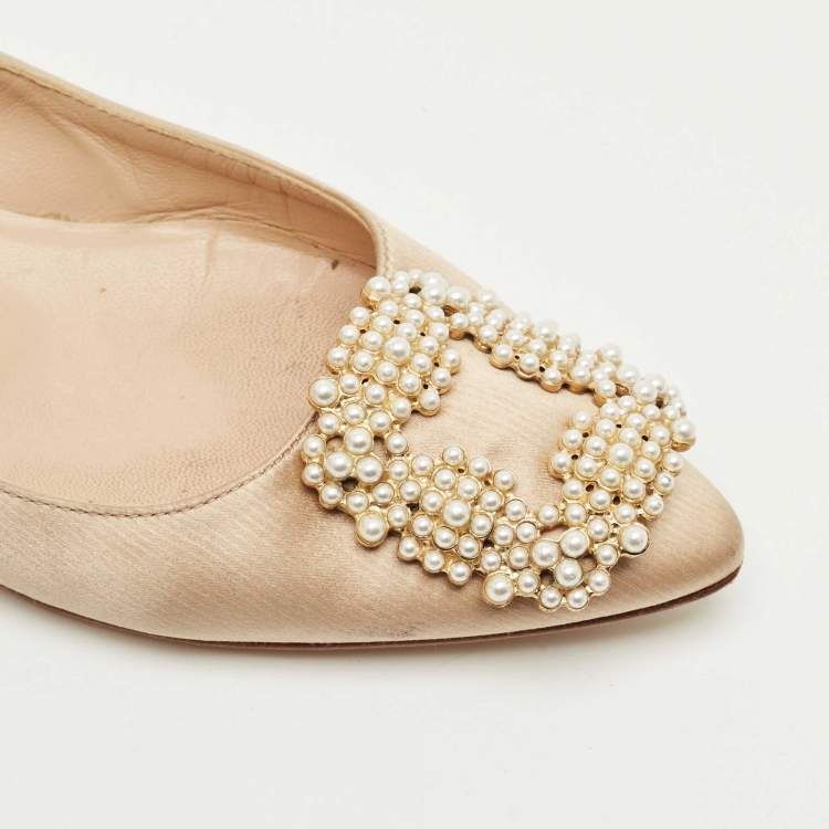 Pre Owned Manolo Blahnik Beige Satin Hangisi Ballet Flats Size 36