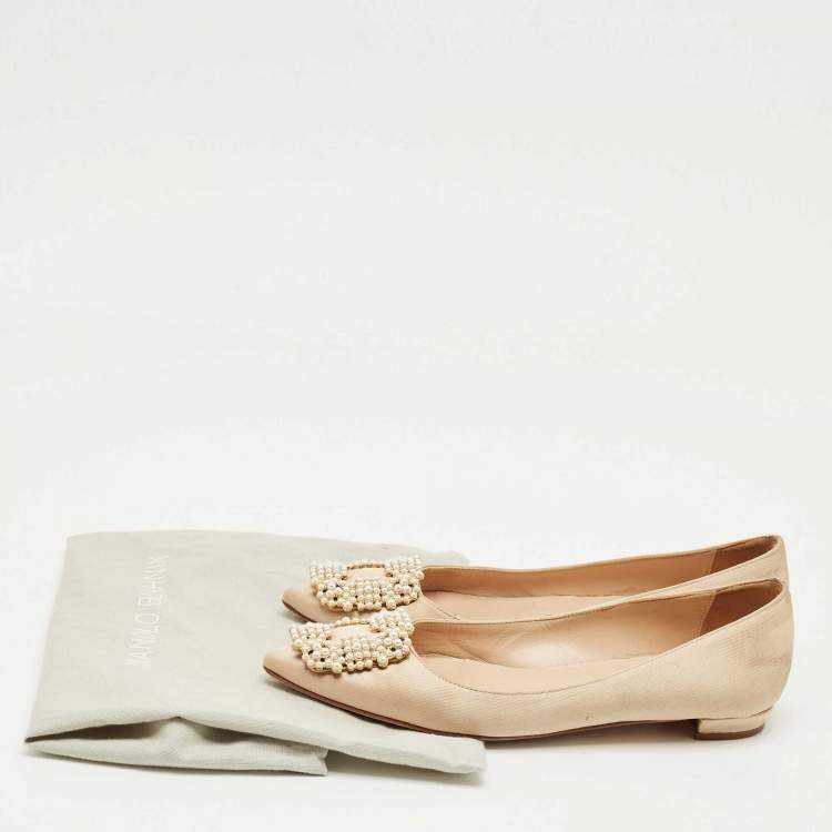 Pre Owned Manolo Blahnik Beige Satin Hangisi Ballet Flats Size 36