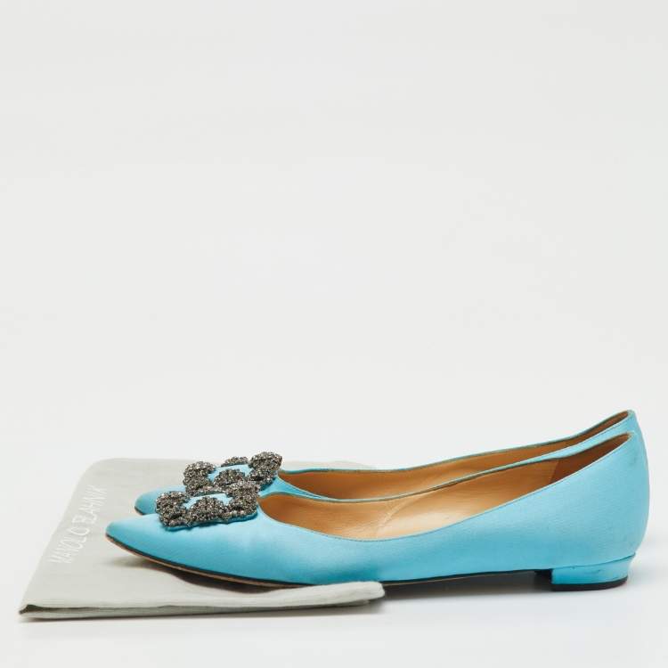 Pre Owned Manolo Blahnik Blue Satin Hangisi Ballet Flats Size 39