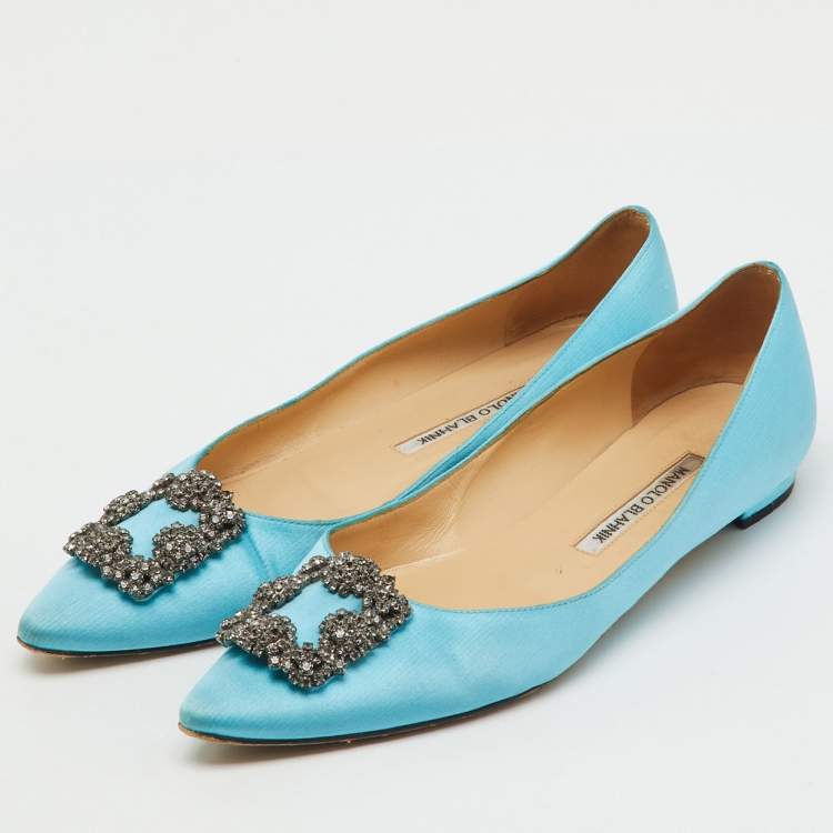 Pre Owned Manolo Blahnik Blue Satin Hangisi Ballet Flats Size 39