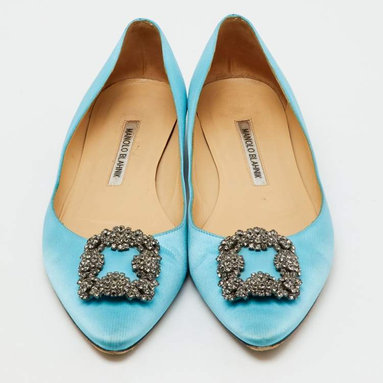 Pre Owned Manolo Blahnik Blue Satin Hangisi Ballet Flats Size 39