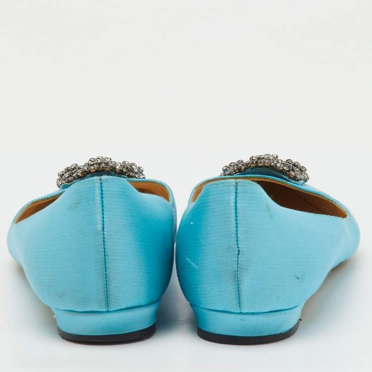 Pre Owned Manolo Blahnik Blue Satin Hangisi Ballet Flats Size 39