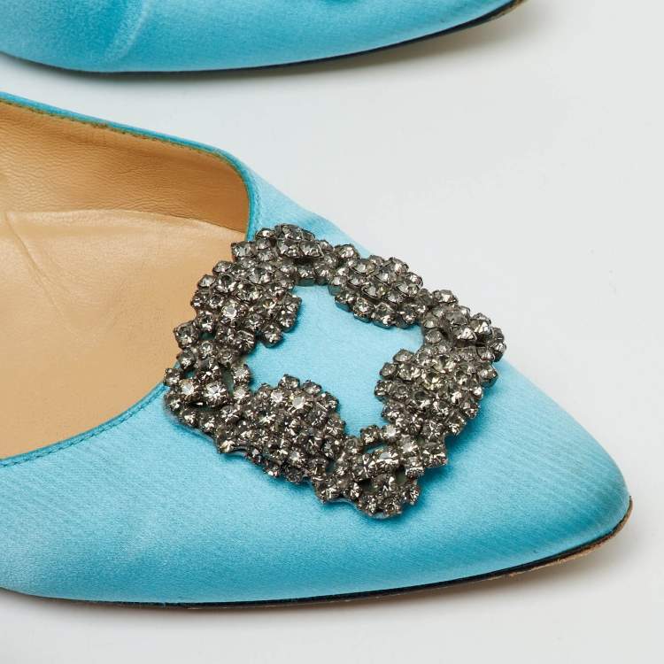 Pre Owned Manolo Blahnik Blue Satin Hangisi Ballet Flats Size 39