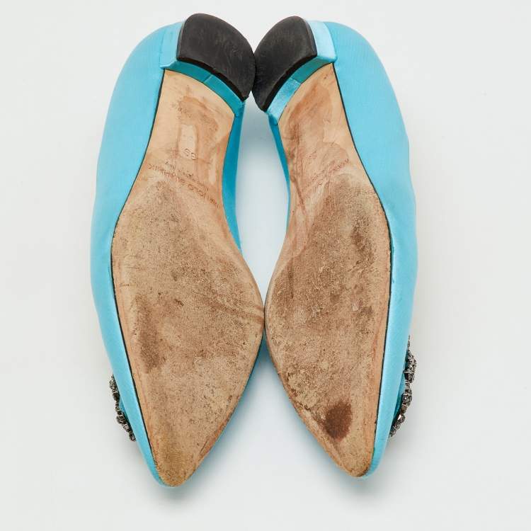 Pre Owned Manolo Blahnik Blue Satin Hangisi Ballet Flats Size 39