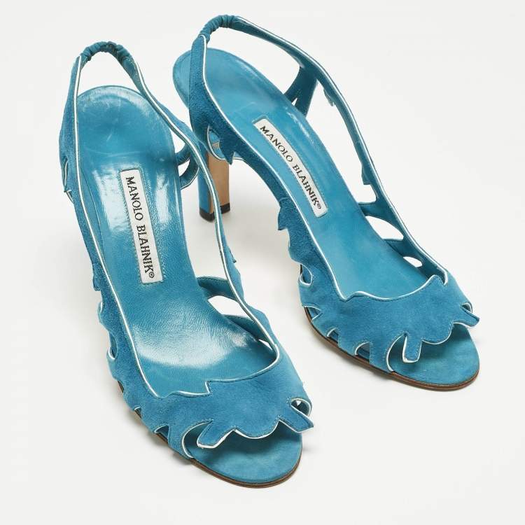 Pre Owned Manolo Blahnik Blue Suede Ankle Strap Sandals Size 38.5