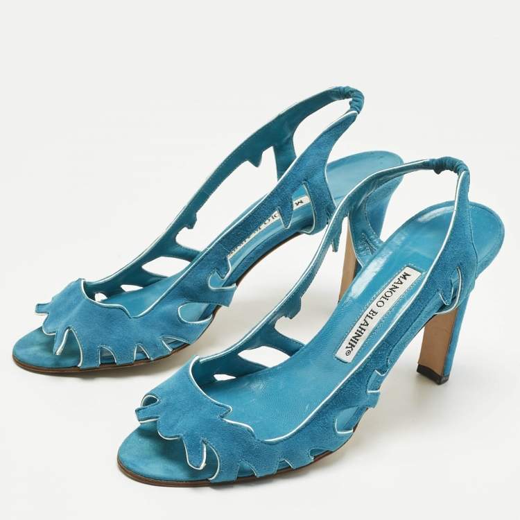 Pre Owned Manolo Blahnik Blue Suede Ankle Strap Sandals Size 38.5