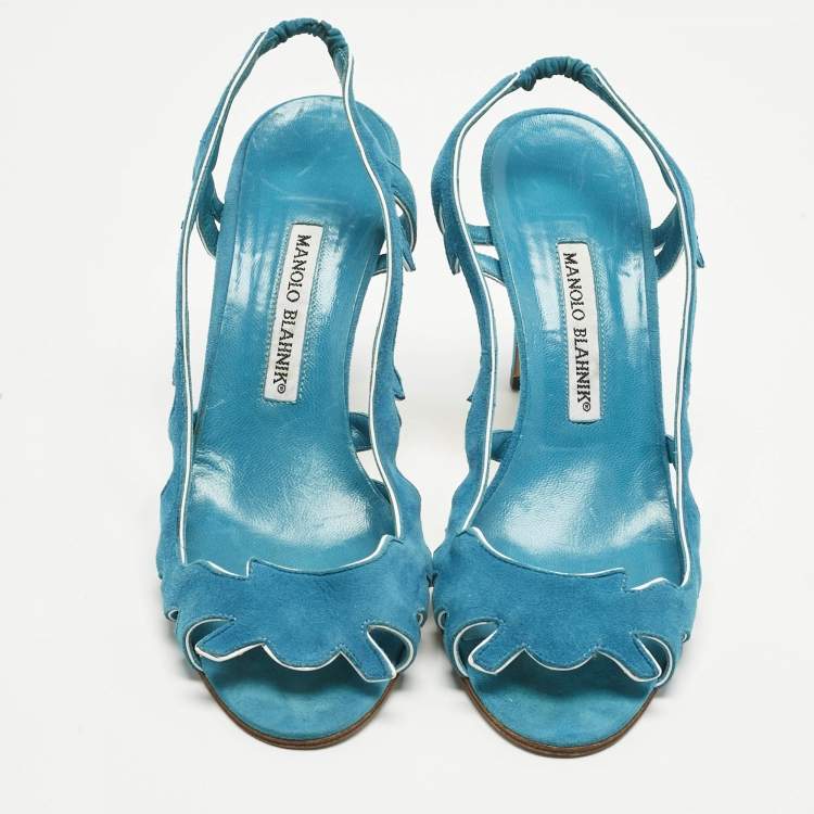 Pre Owned Manolo Blahnik Blue Suede Ankle Strap Sandals Size 38.5