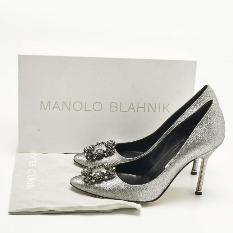 Pre Owned Manolo Blahnik Silver Lurex Fabric Hangisi Pumps Size 37.5