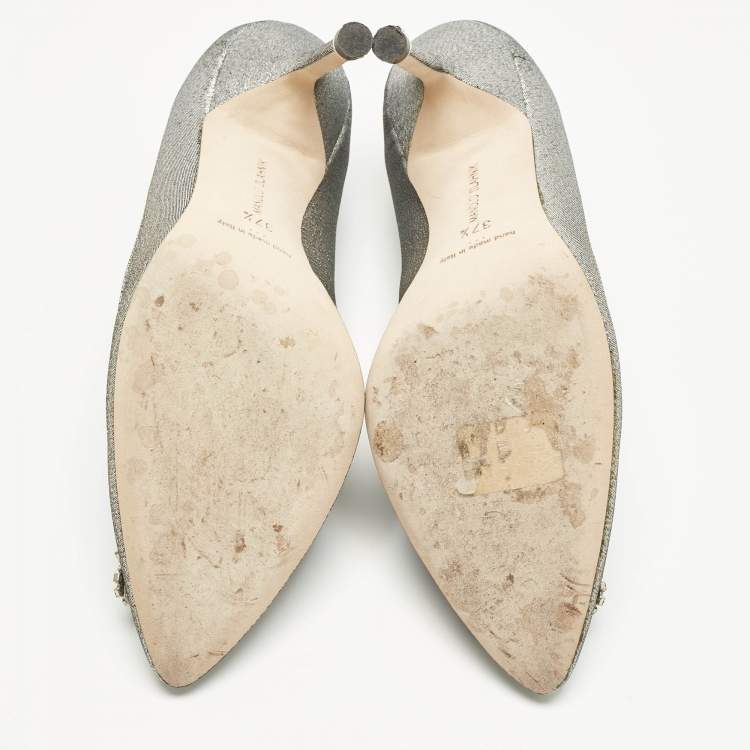 Pre Owned Manolo Blahnik Silver Lurex Fabric Hangisi Pumps Size 37.5