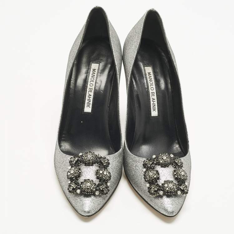 Pre Owned Manolo Blahnik Silver Lurex Fabric Hangisi Pumps Size 37.5