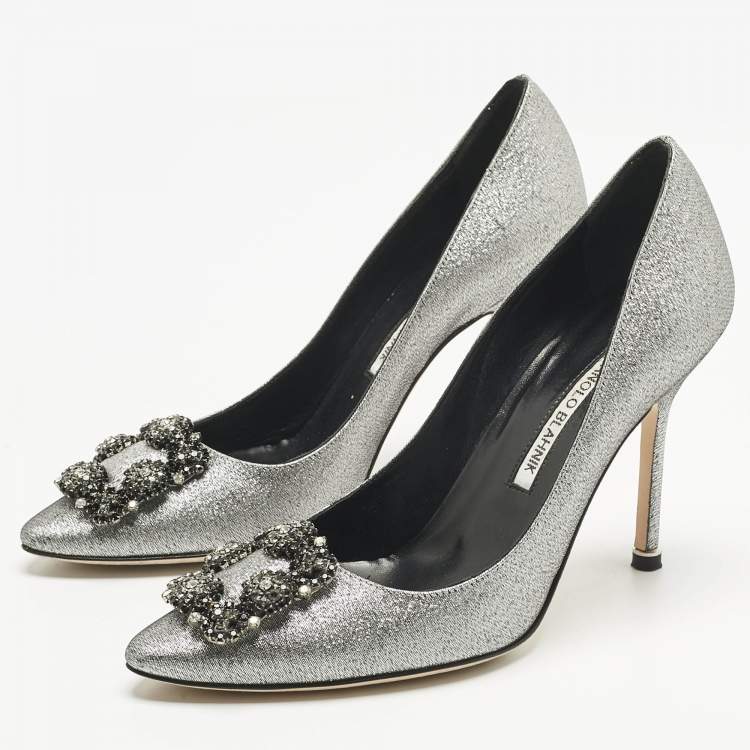 Pre Owned Manolo Blahnik Silver Lurex Fabric Hangisi Pumps Size 37.5