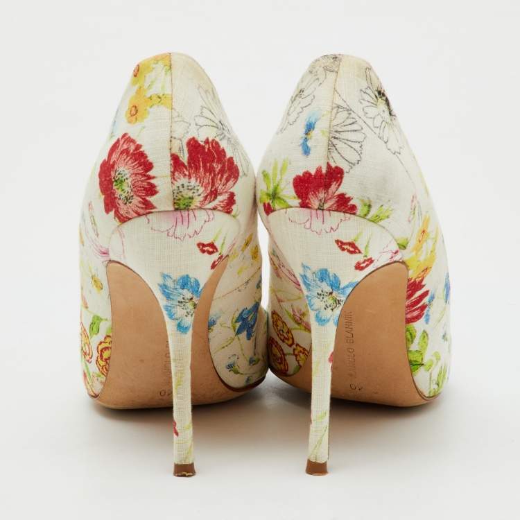 Pre Owned Manolo Blahnik Multicolor Floral Printed Canvas BB Pointed Toe Pumps Size 40