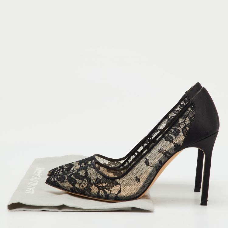 Pre Owned Manolo Blahnik Black Lace and Satin BB Pointed Toe Pumps Size 36.5