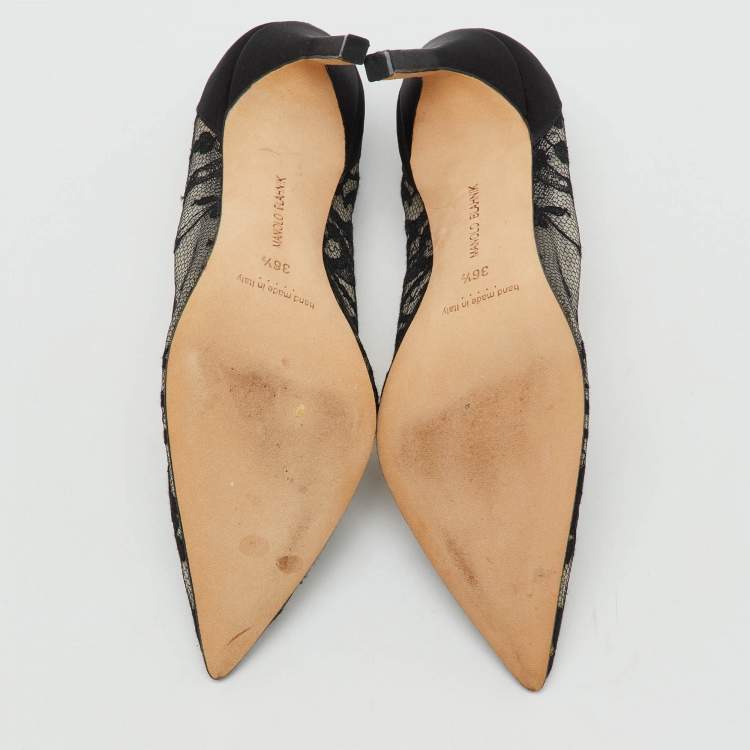 Pre Owned Manolo Blahnik Black Lace and Satin BB Pointed Toe Pumps Size 36.5