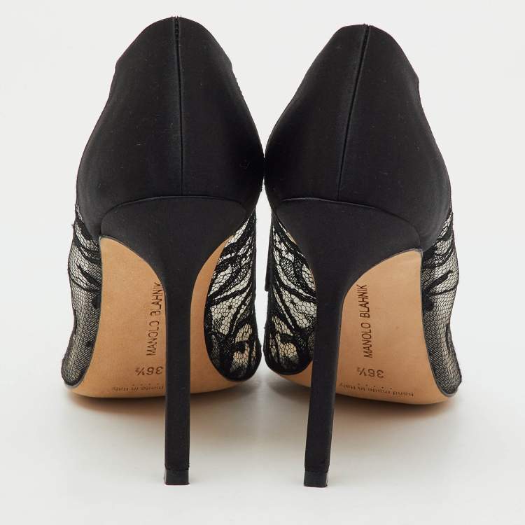 Pre Owned Manolo Blahnik Black Lace and Satin BB Pointed Toe Pumps Size 36.5