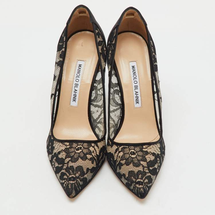 Pre Owned Manolo Blahnik Black Lace and Satin BB Pointed Toe Pumps Size 36.5