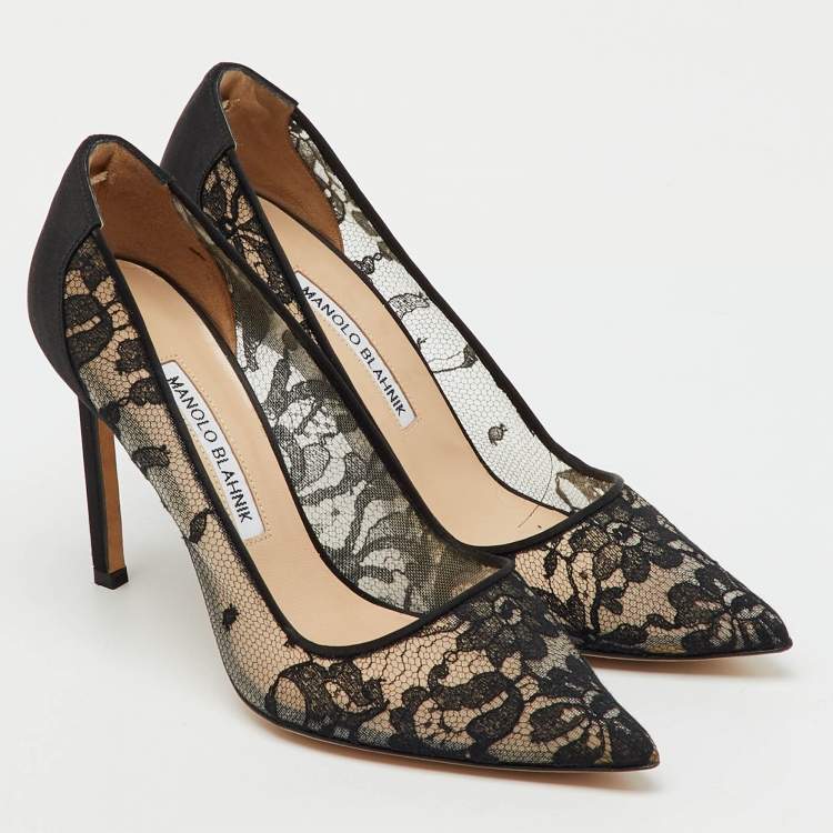 Pre Owned Manolo Blahnik Black Lace and Satin BB Pointed Toe Pumps Size 36.5