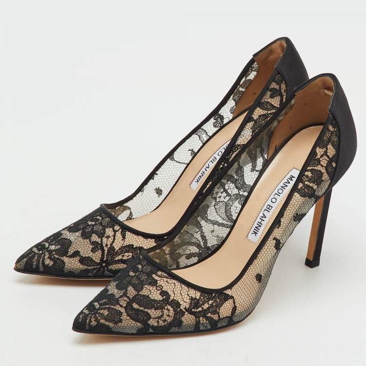 Pre Owned Manolo Blahnik Black Lace and Satin BB Pointed Toe Pumps Size 36.5