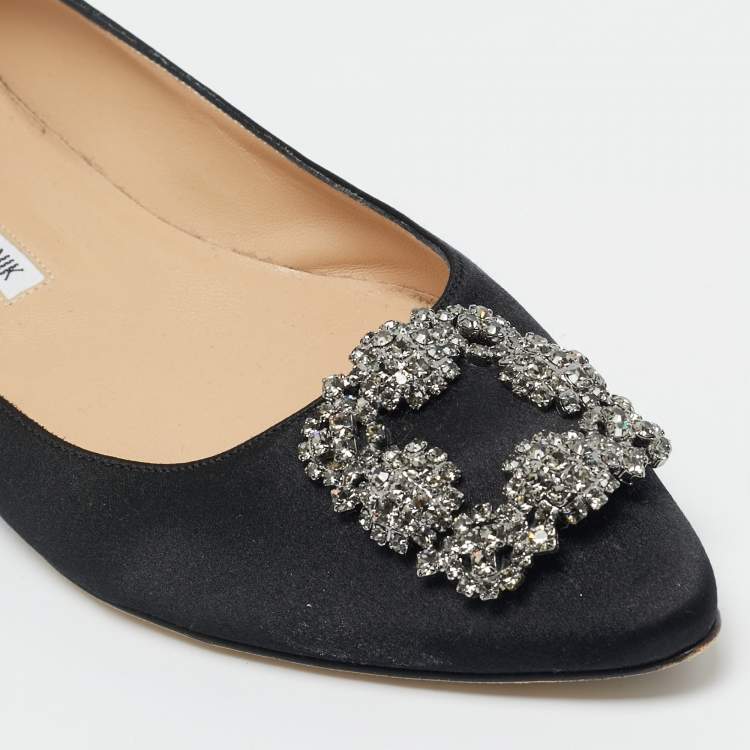 Pre Owned Manolo Blahnik Black Satin Hangisi Ballet Flats Size 40.5