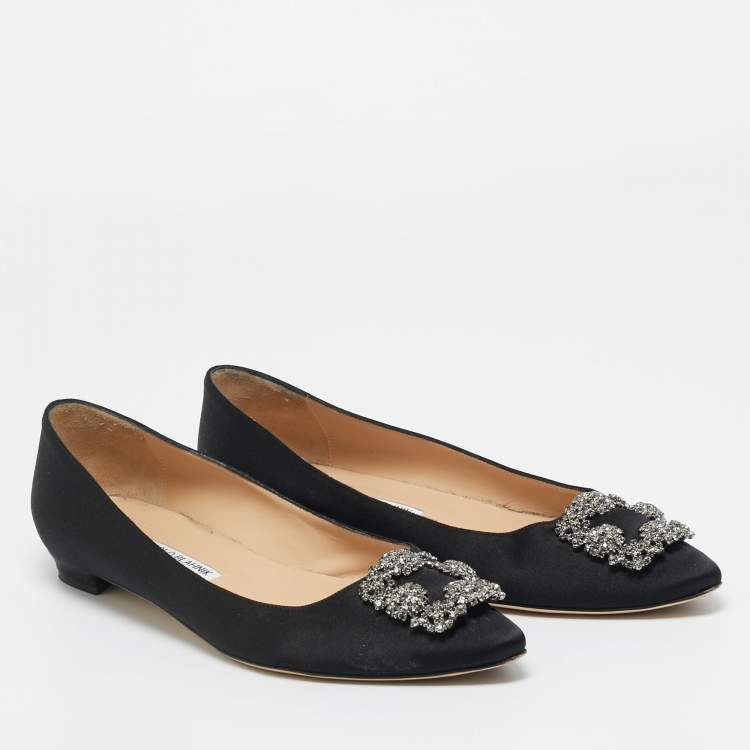 Pre Owned Manolo Blahnik Black Satin Hangisi Ballet Flats Size 40.5