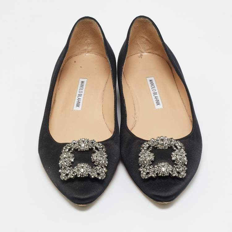 Pre Owned Manolo Blahnik Black Satin Hangisi Ballet Flats Size 40.5
