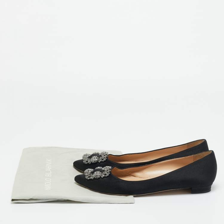 Pre Owned Manolo Blahnik Black Satin Hangisi Ballet Flats Size 40.5