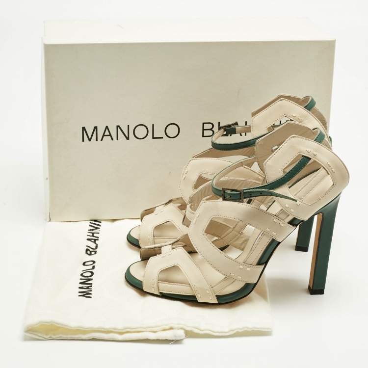 Pre Owned Manolo Blahnik White/Green Leather Strappy Ankle Strap Sandals Size 36.5