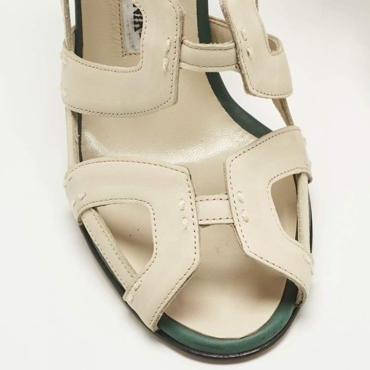 Pre Owned Manolo Blahnik White/Green Leather Strappy Ankle Strap Sandals Size 36.5