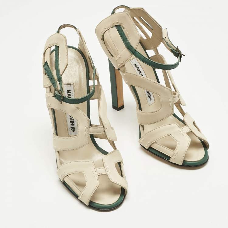 Pre Owned Manolo Blahnik White/Green Leather Strappy Ankle Strap Sandals Size 36.5