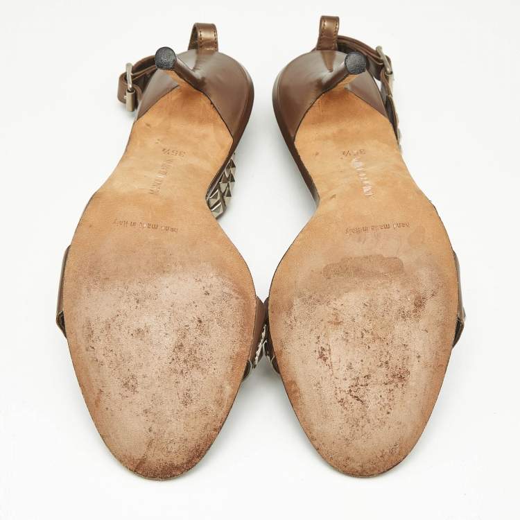 Pre Owned Manolo Blahnik  Brown Leather T Strap Sandals Size 35.5