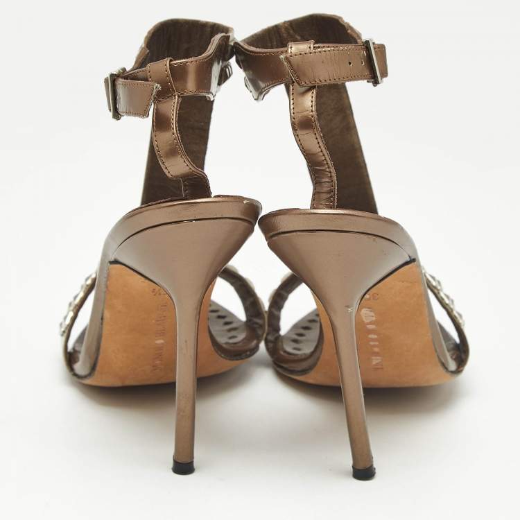 Pre Owned Manolo Blahnik  Brown Leather T Strap Sandals Size 35.5
