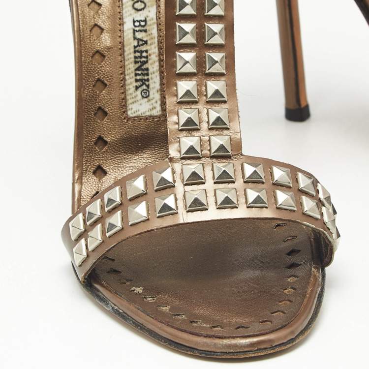 Pre Owned Manolo Blahnik  Brown Leather T Strap Sandals Size 35.5