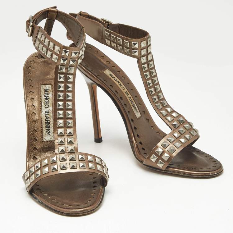 Pre Owned Manolo Blahnik  Brown Leather T Strap Sandals Size 35.5