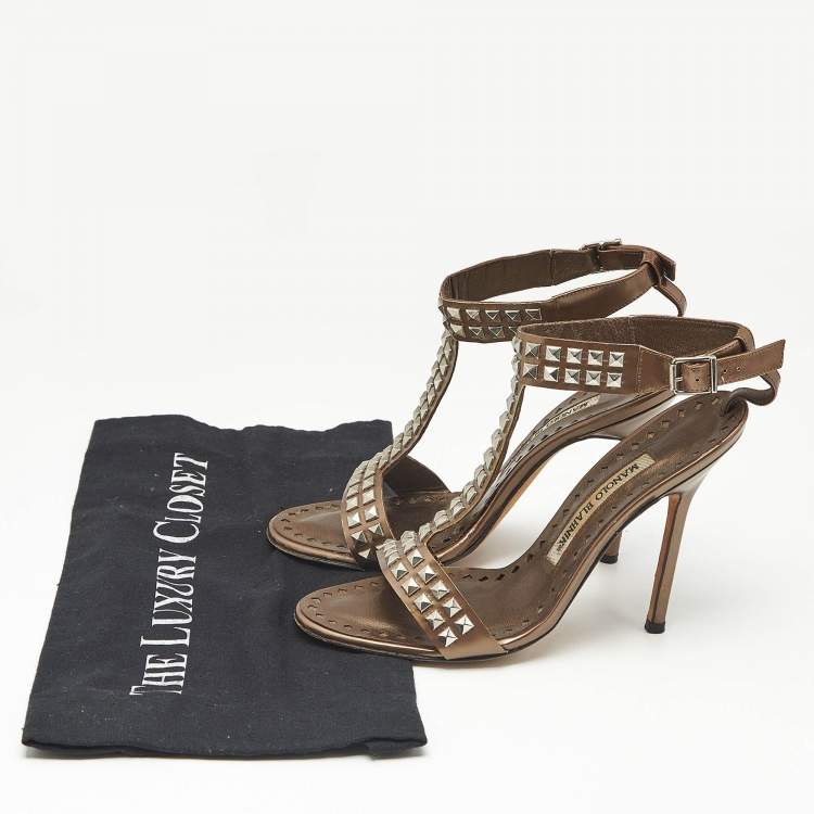 Pre Owned Manolo Blahnik  Brown Leather T Strap Sandals Size 35.5