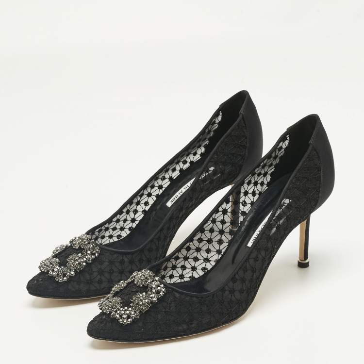 Pre Owned Manolo Blahnik Black Mesh and Satin Hangisi Pumps Size 42